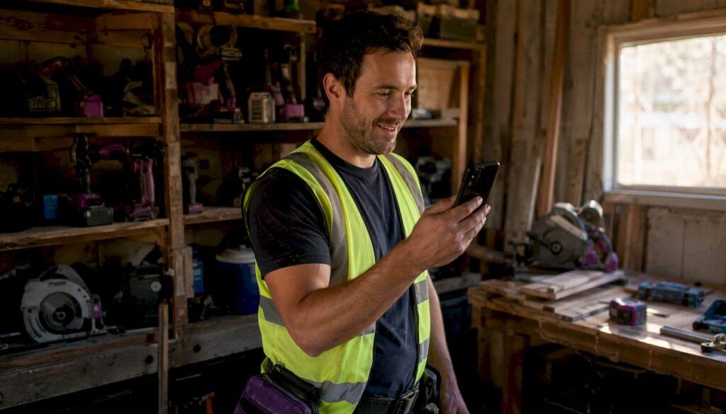 Tradie reading voicemail transcript on phone