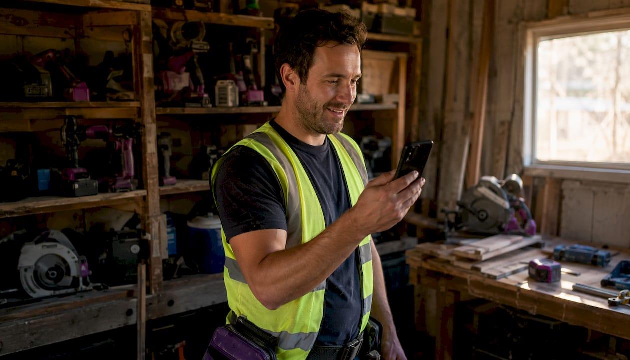 Tradie reading voicemail transcript on phone