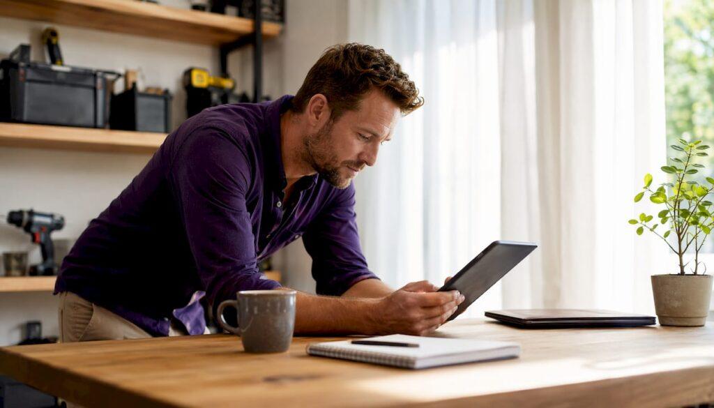 Tradie reviewing software on tablet indoors