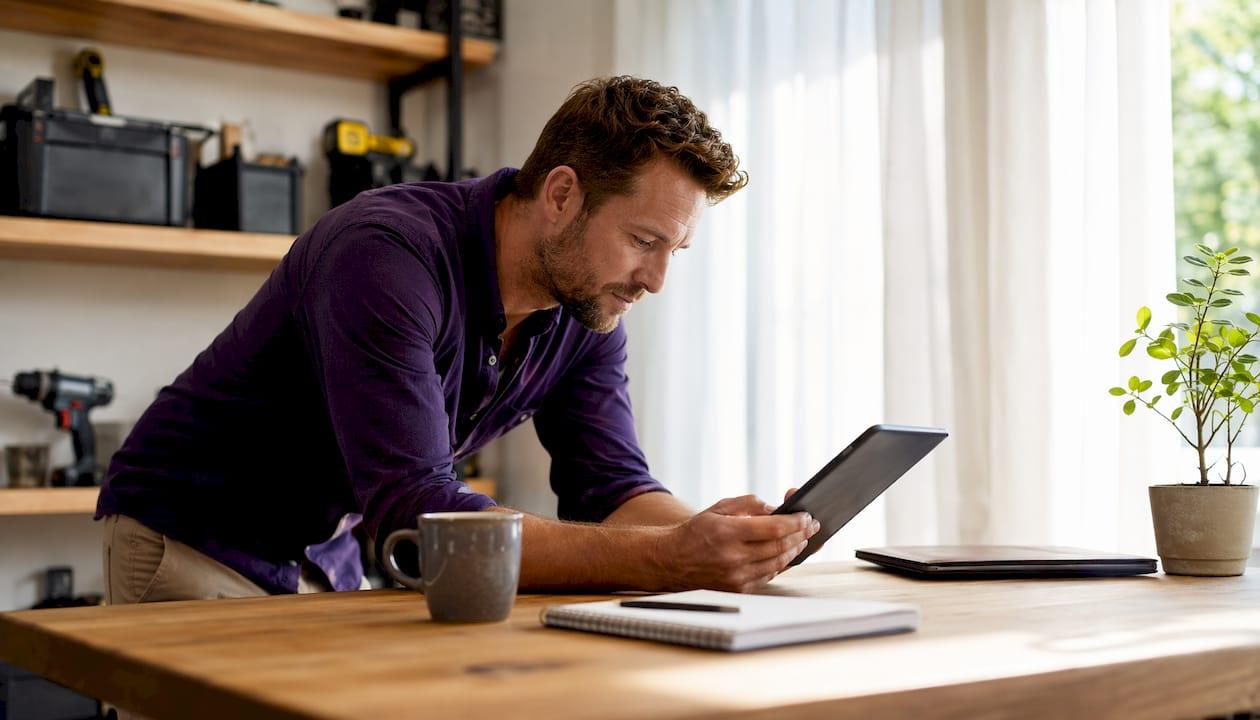 Tradie reviewing software on tablet indoors