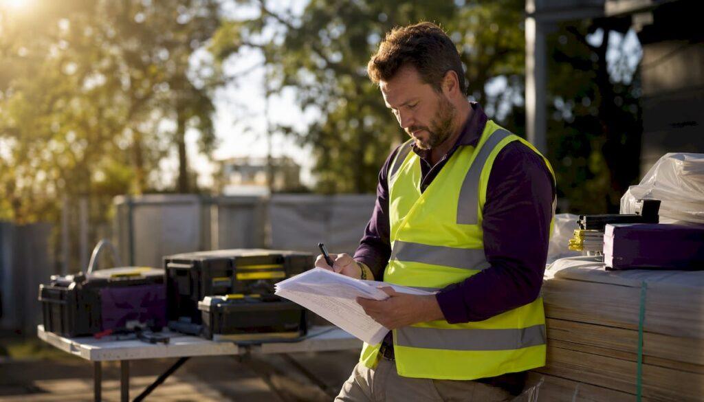 Tradie reviewing SWMS documents at site desk