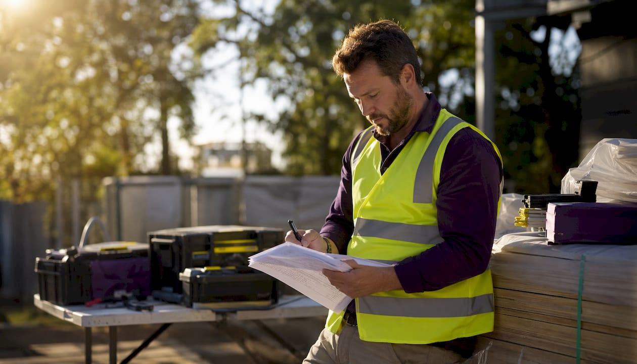 Tradie reviewing SWMS documents at site desk