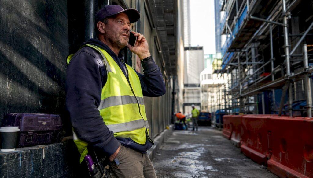 Australian tradie answering voice call at work site
