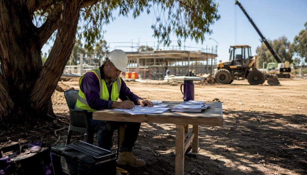 Tradie reviewing WHS plan on construction site