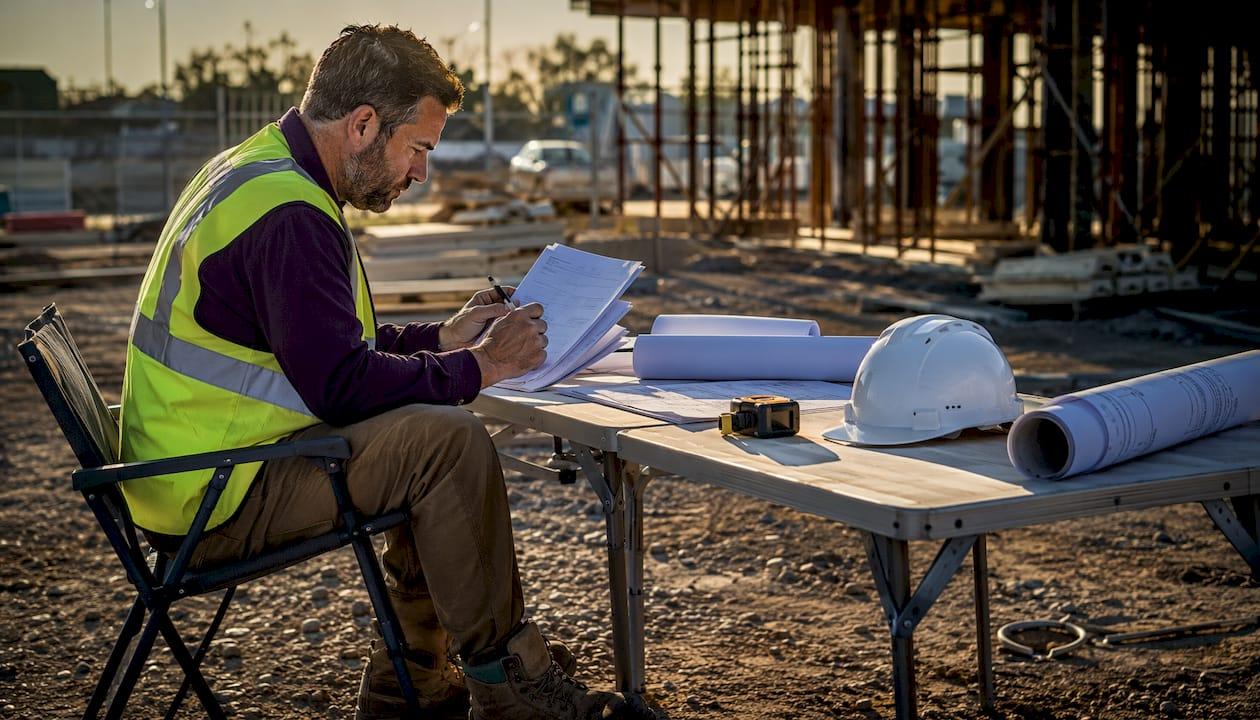 Tradie reviewing printed SWMS template on site