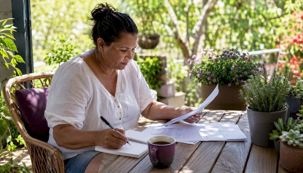 Woman preparing small business invoice at table
