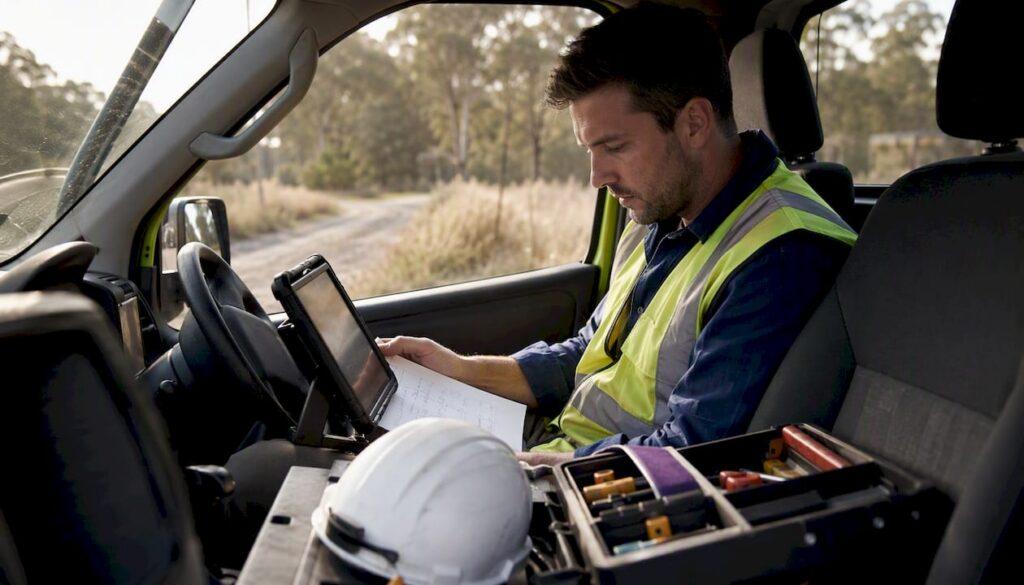 Australian tradie using tablet in utility vehicle