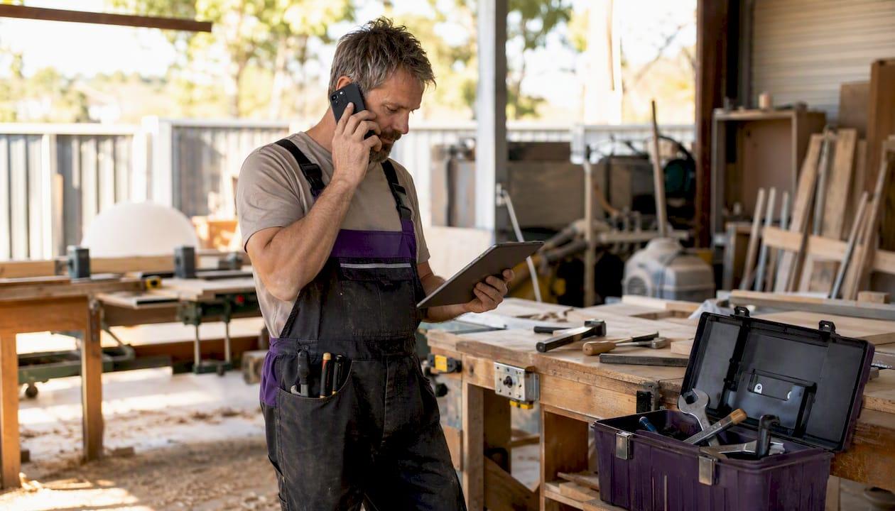 Tradie answering call with mobile phone in workshop