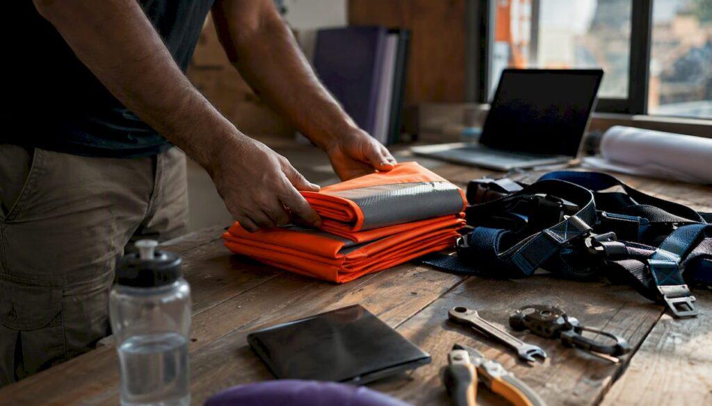 Hands preparing safety equipment on site bench