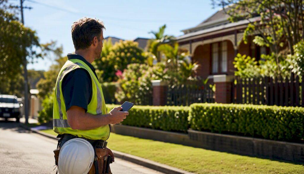Tradie outdoors checking smartphone near suburban home