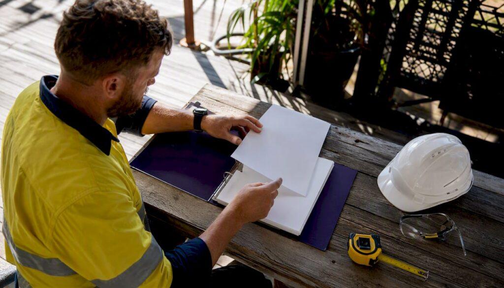 Tradie arranging capability statement on table