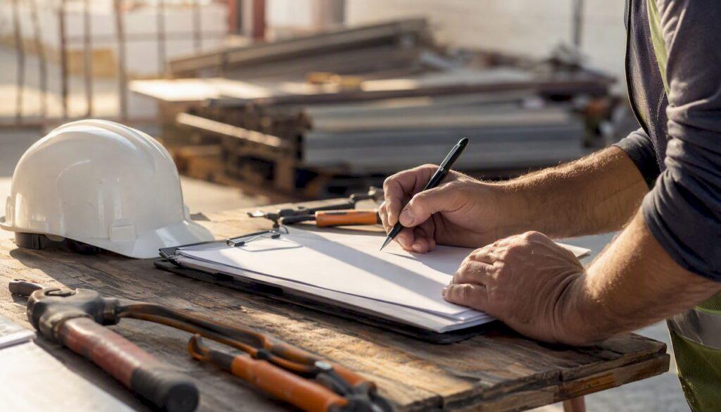 Hands preparing retention invoices on clipboard