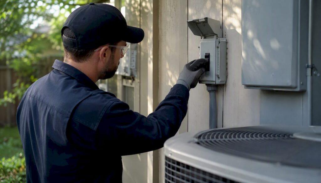 Electrician isolating power at outdoor HVAC unit