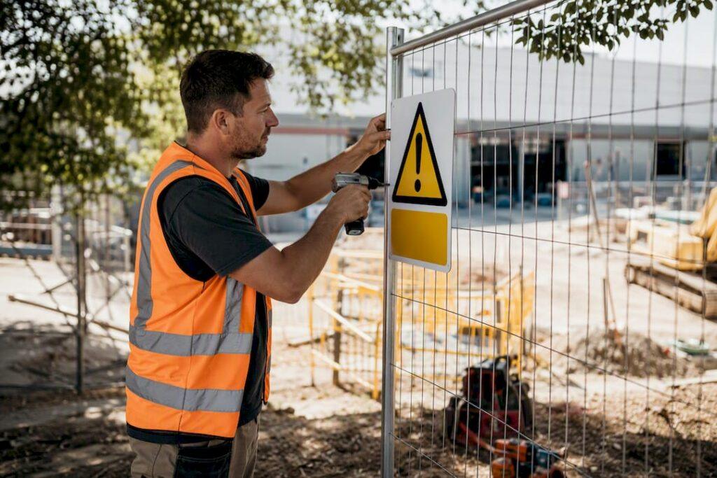Tradie hanging hazard sign on construction site fence
