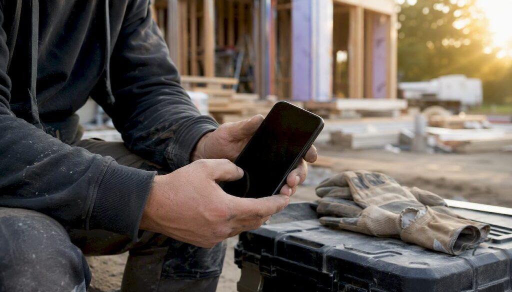 Hands of tradie holding smartphone outdoors