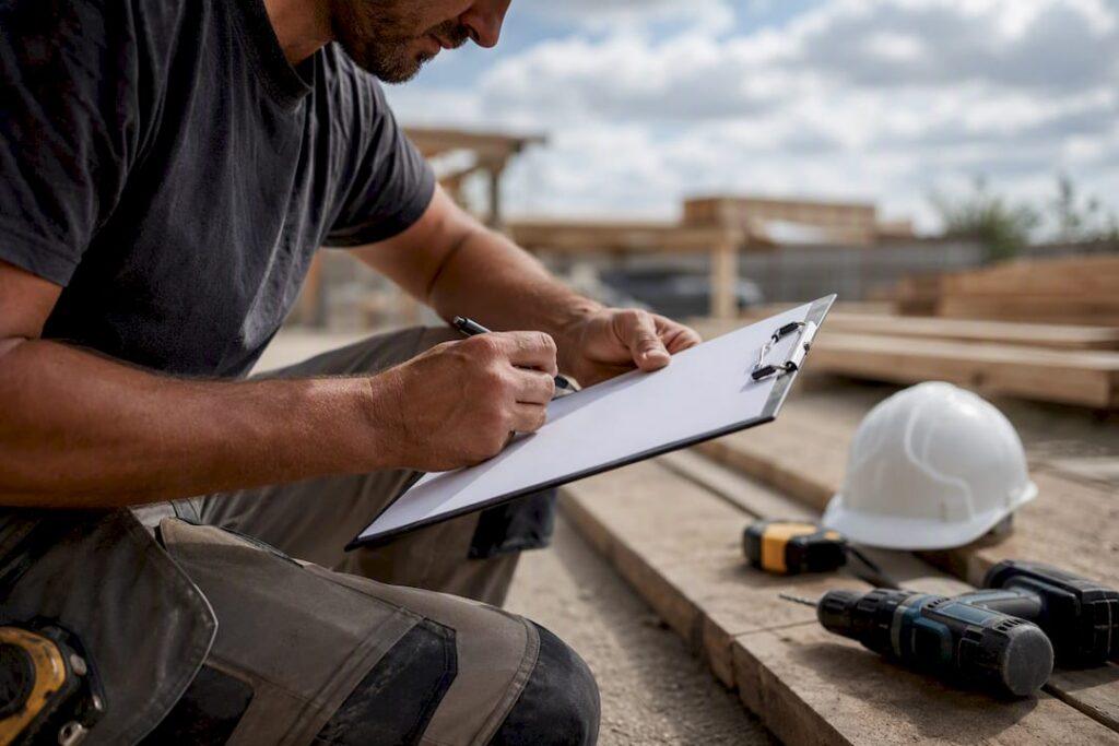 Tradie writing notes on clipboard at worksite