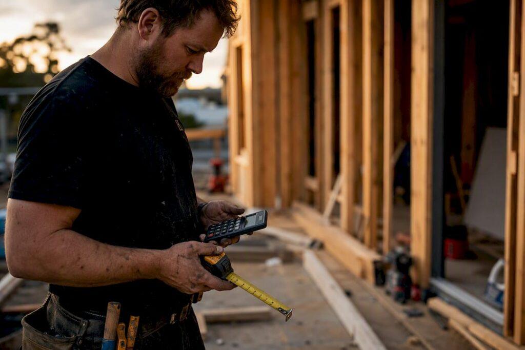 Hands calculating markup and margin on construction site