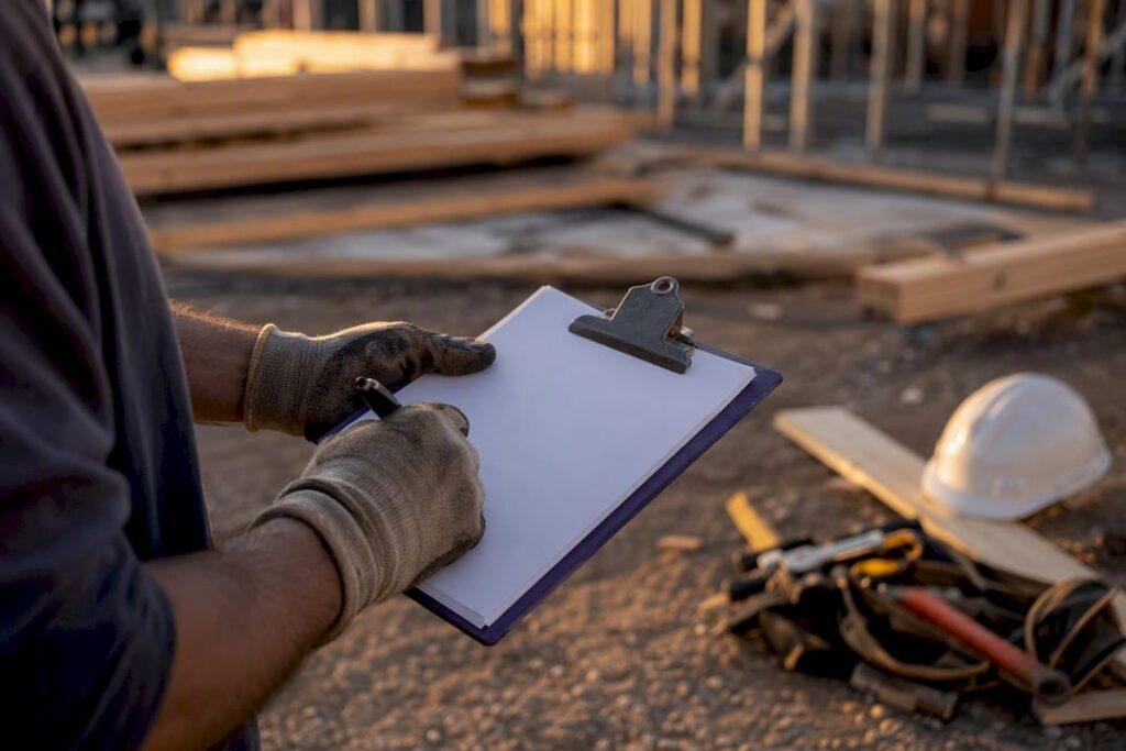 Hands writing progress claim at construction site