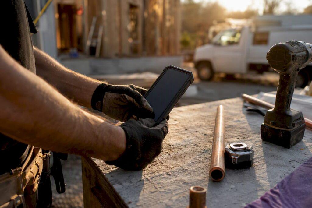 Hands holding phone with blue collar tools