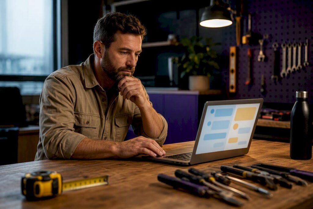 Australian tradie reviewing customer chat