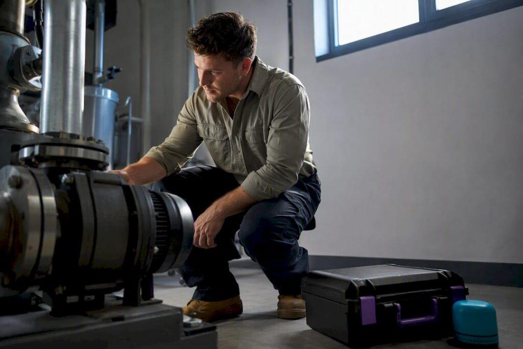 Technician inspecting commercial pump equipment