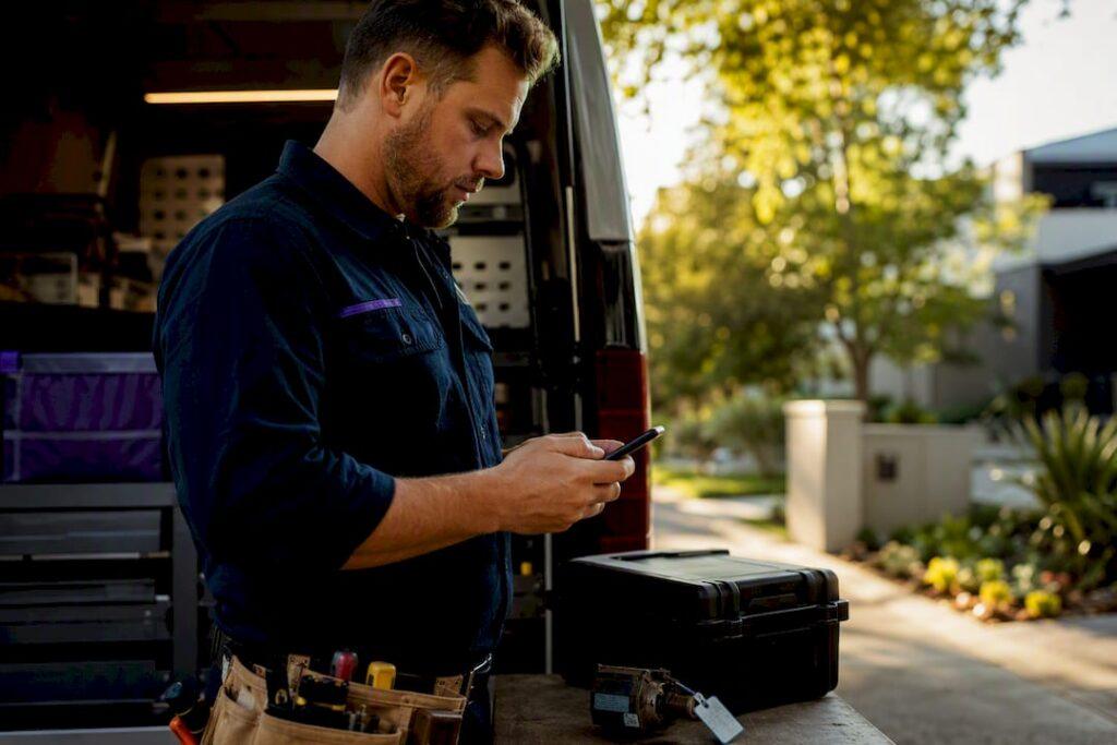 Australian tradie tracking a field work order