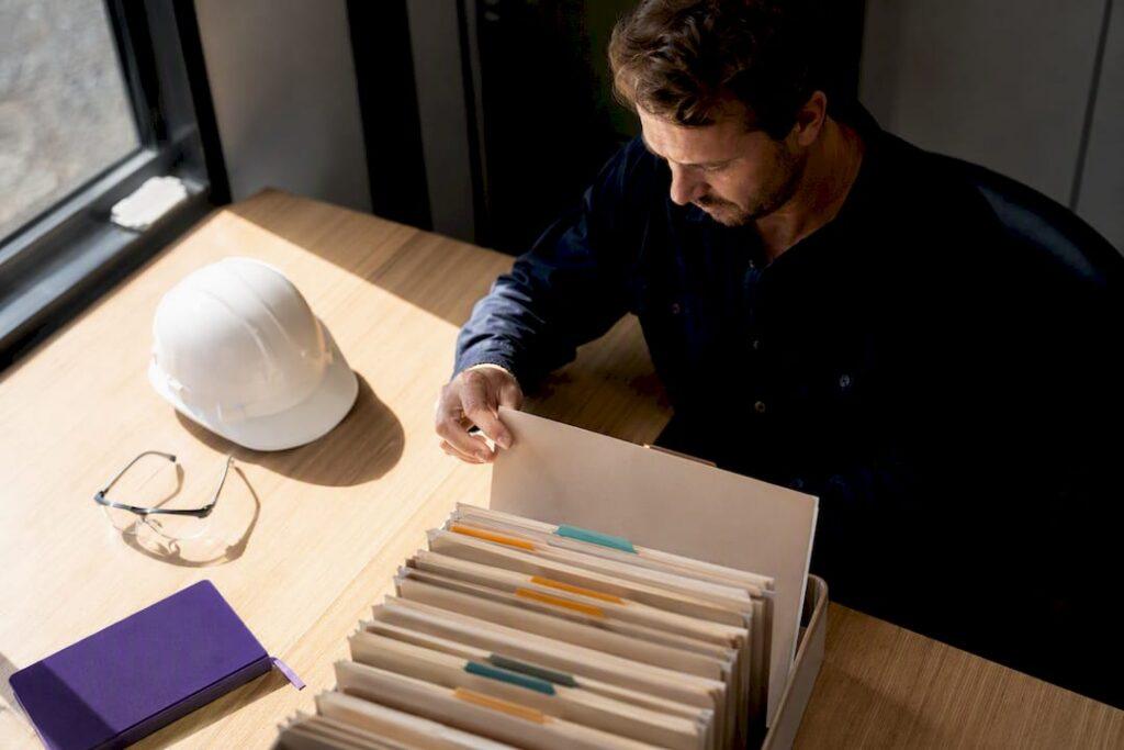 Tradie checking current safety document folder