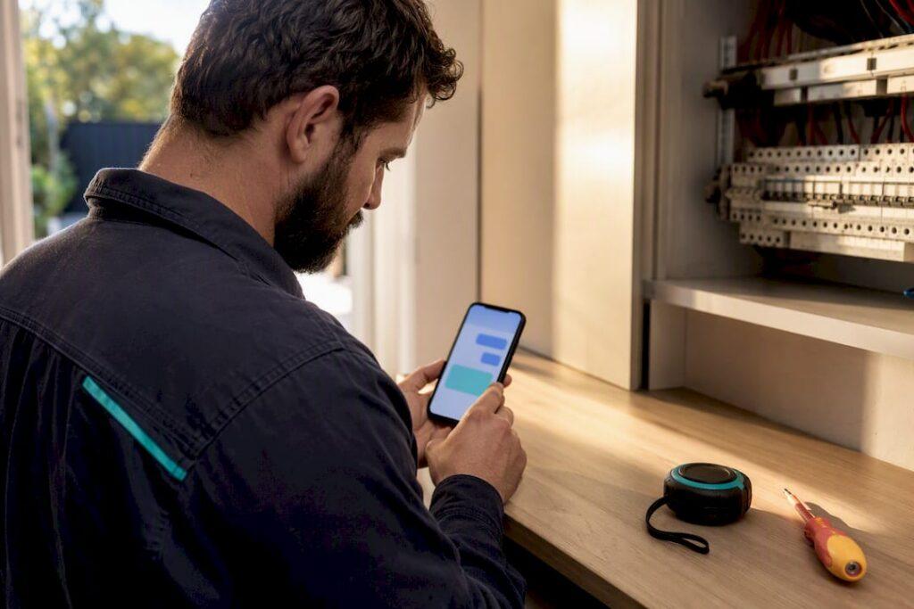 Tradie checking SMS compliance on phone