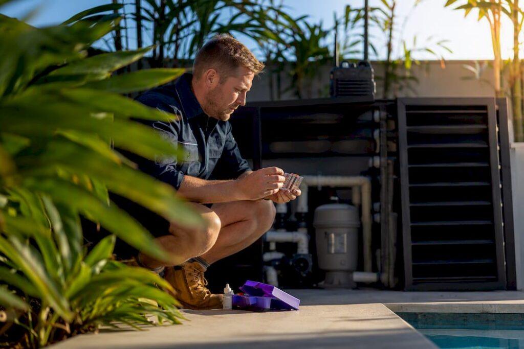 Pool technician testing voice script on site