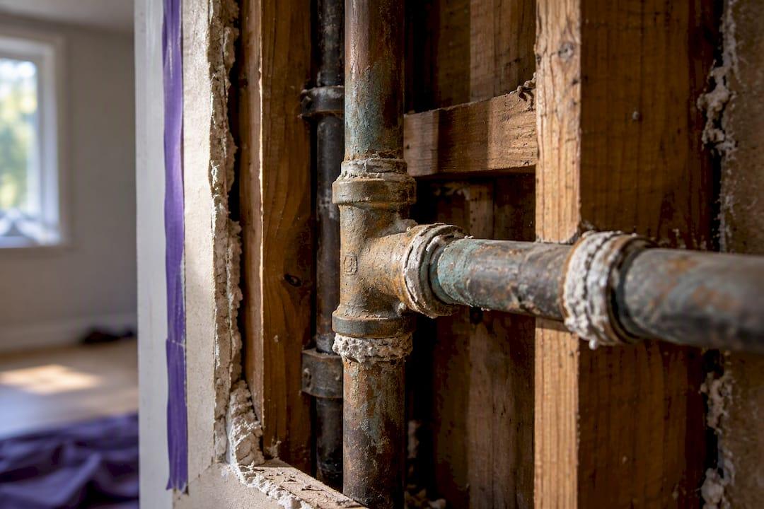 Ageing pipework exposed inside renovation wall